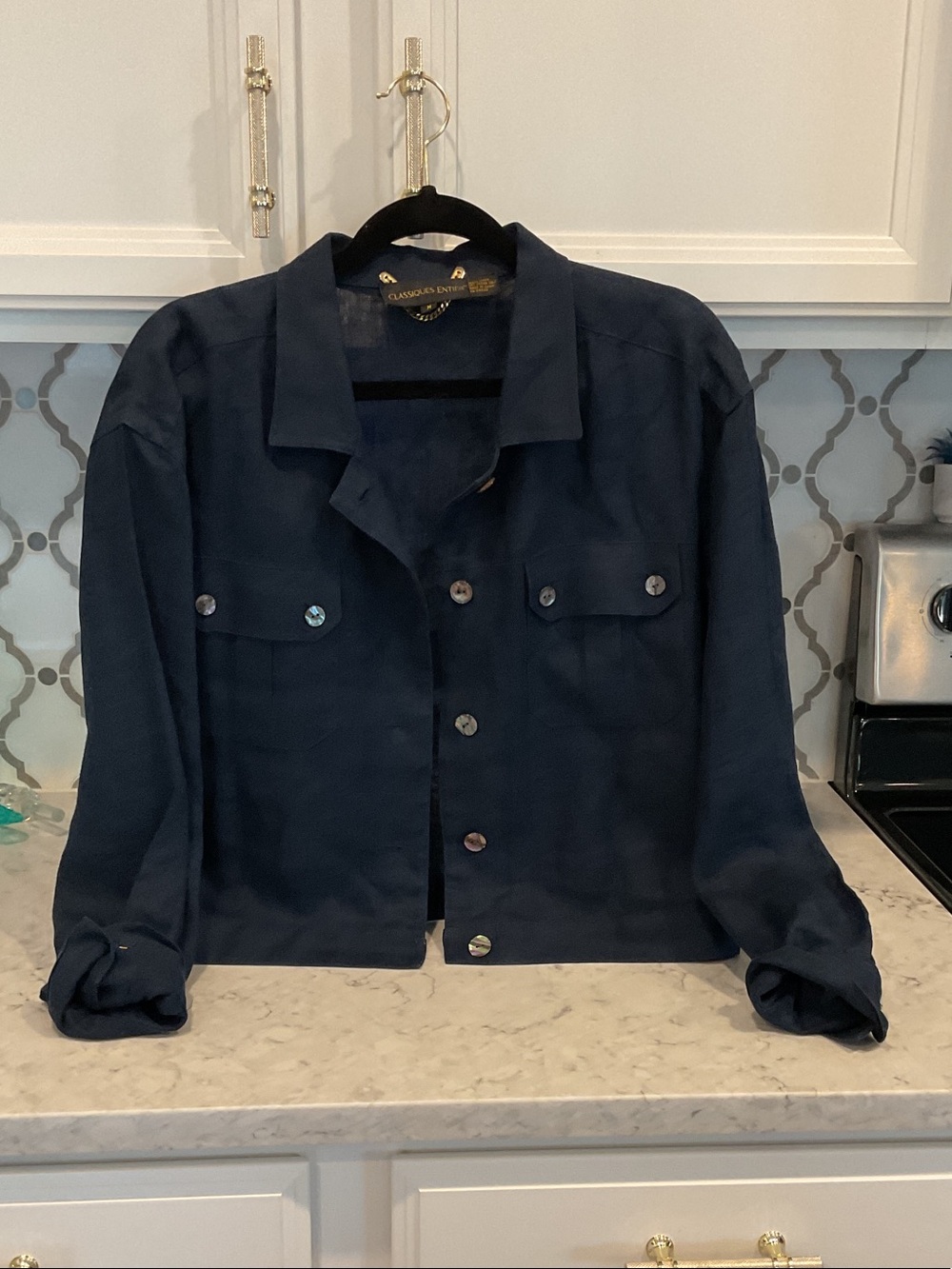 Dark Navy Lightweight Button-Front Shirt Jacket with Mother of Pearl buttons